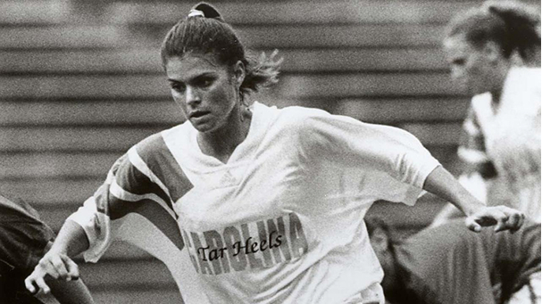 Black and white Mia Hamm photograph